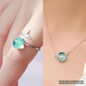 Mermaid tail blue water bubble necklace ring set
